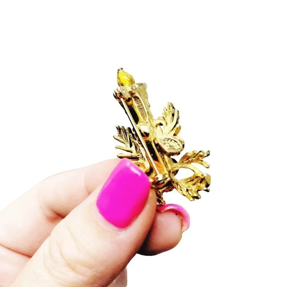 Vintage Fabulous ST LABRE signed Christmas‎ candle Brooch Pin Holly Berry
